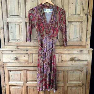 Maeve by Anthropologie‎ Small Petite Paisley Dress Belted Midi Length Red